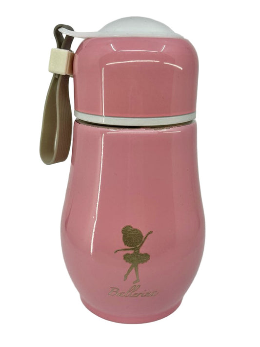 Pink thermos with a fairy design on a white background