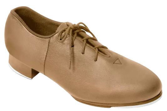 Tan leather shoe with a block heel on a white background